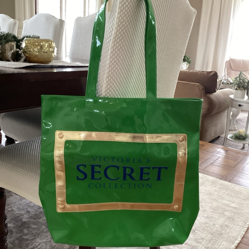 Victoria's Secret Glossy Green Tote with Gold Trim
